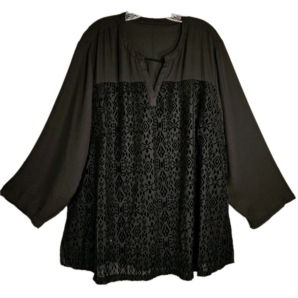 Womens Black‎ Chiffon Velvet Burnout L/S Top 3X/54" Bust Blouse Flowy Whimsygoth
